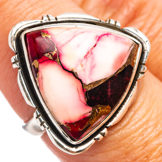 Triangular pink marbled gemstone ring, .925 sterling silver band with ornate bezel