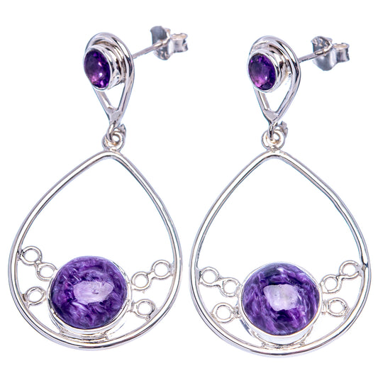 Sterling silver drop earrings with round amethyst cabochons and teardrop frames