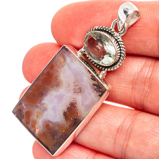 Sterling silver pendant: rectangular plume agate with green amethyst top stone and bail