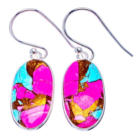 Oval mosaic drop earrings with .925 sterling silver hooks; turquoise, magenta, gold flecks