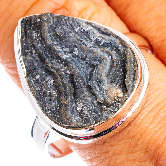 Sterling silver ring with dark druzy teardrop stone, bezel set, size 11