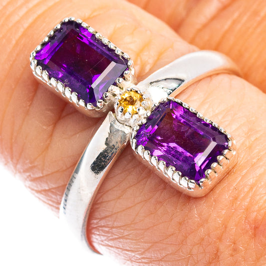 Sterling silver ring with two purple amethyst square stones and small round yellow accent
