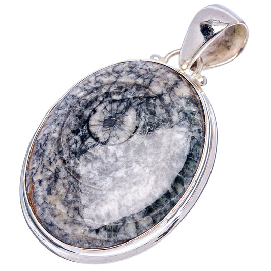 Oval horn coral fossil pendant in .925 sterling silver bezel with bail, black and gray