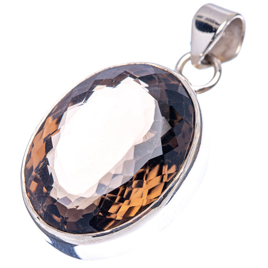 Smoky quartz oval pendant with silver bezel and hinged loop bail, faceted sparkle