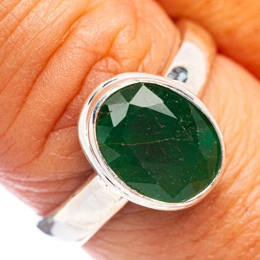 Sterling silver ring with faceted green emerald oval, size 8