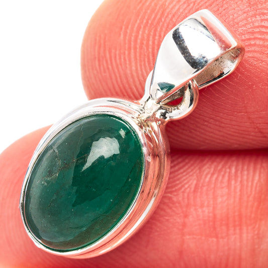 Oval green emerald cabochon pendant in .925 sterling silver bezel, with bail
