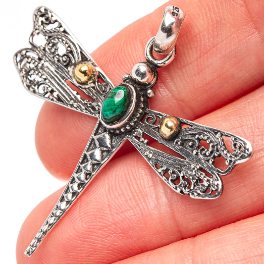 Dragonfly pendant .925 sterling silver with green gemstone cabochon, bail and ornate details