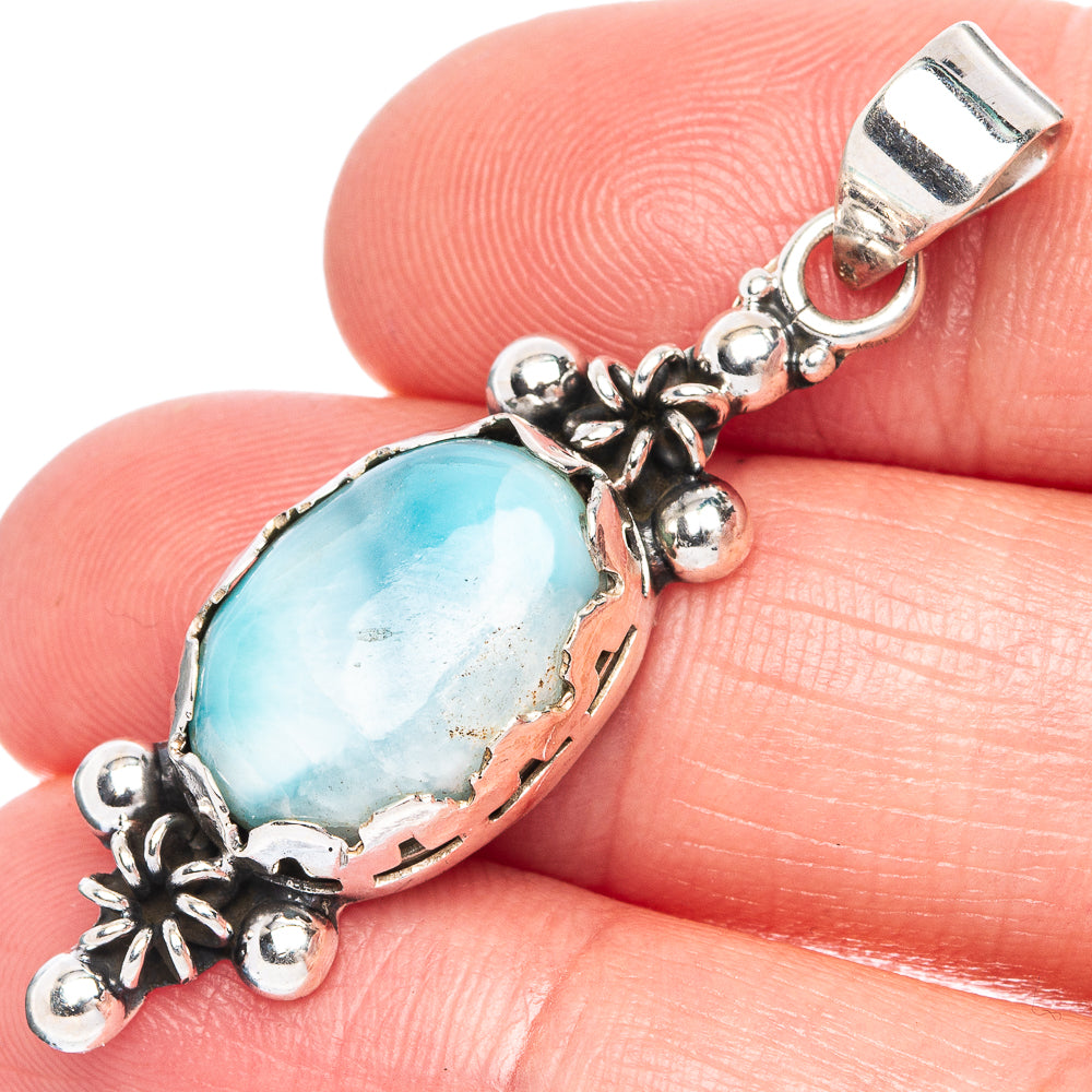 Larimar pendant in 925 sterling silver, oval blue gemstone with decorative beadwork