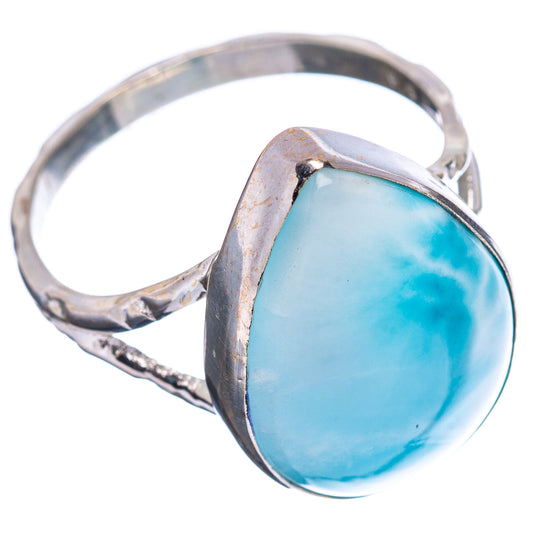 Sterling silver larimar ring, oval bright-blue stone in bezel with open band