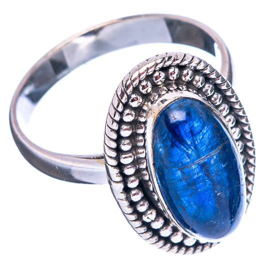 Sterling silver kyanite ring, oval blue stone with ornate bezel and beaded border
