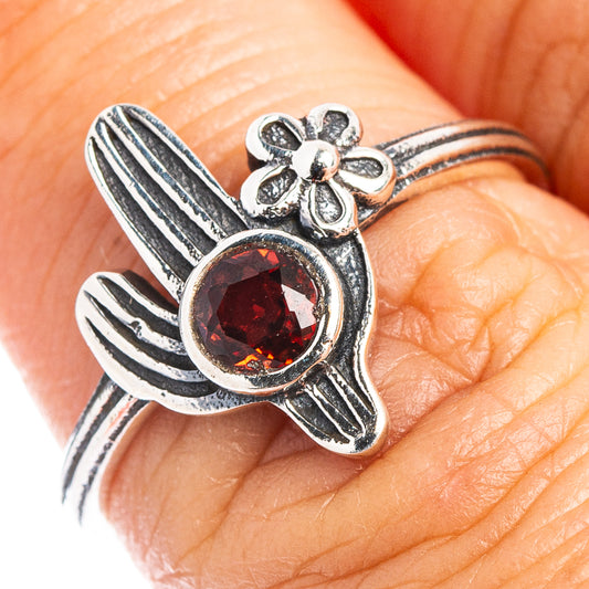 Garnet cactus dainty ring in .925 sterling silver, round red gemstone center