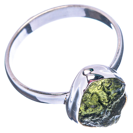 Sterling silver ring with bright green tektite-style gemstone bezel