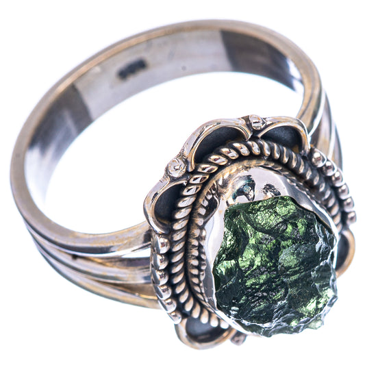 Sterling silver Moldavite ring, dark-green stone in rope and claw setting on band