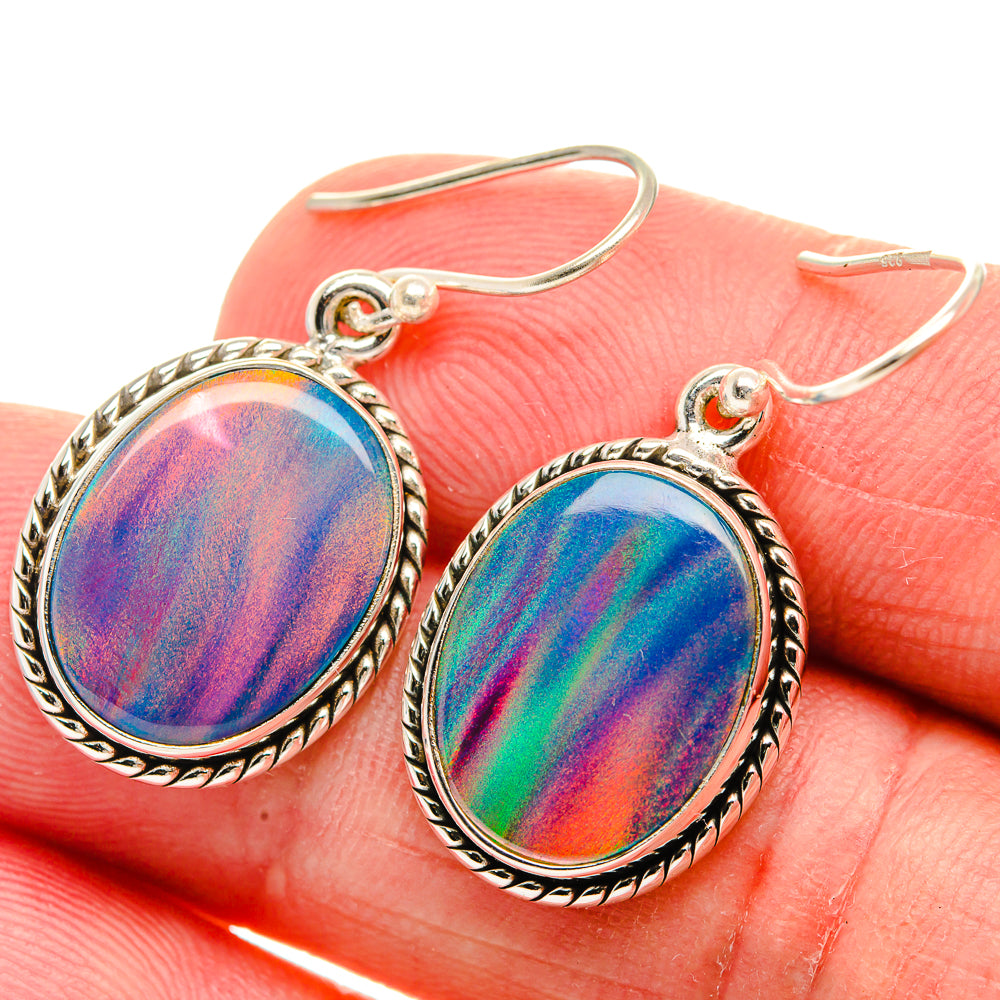 Opal-style oval drop earrings, rainbow iridescent stone, silver-tone bezel hooks