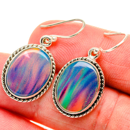 Opal-style oval drop earrings, rainbow iridescent stone, silver-tone bezel hooks