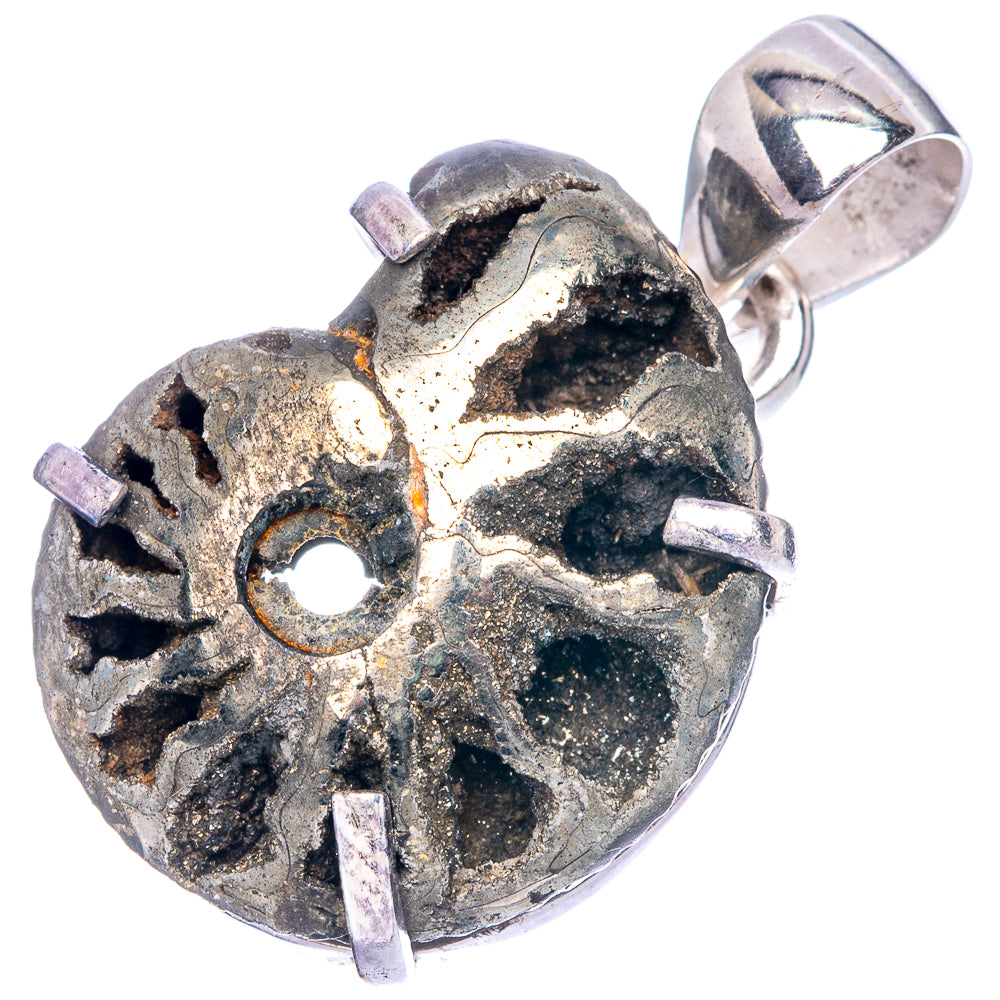 Pyritized ammonite pendant in 925 sterling silver, round fossil with loop bail