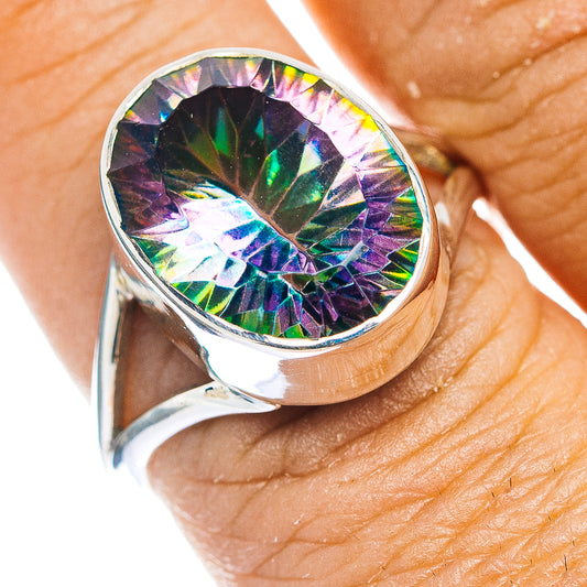 Sterling silver ring with round rainbow mystic topaz center gemstone, prong setting