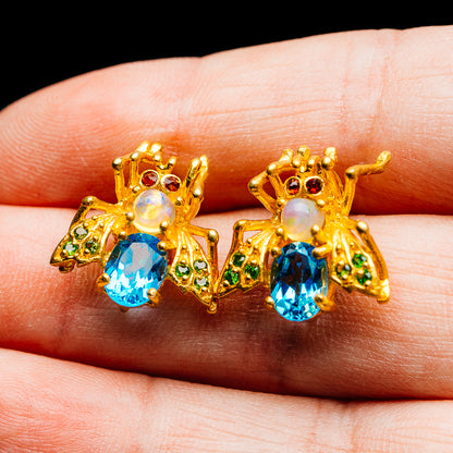 Swiss Blue Topaz, Ethiopian Opal, Rhodolite Garnet, Peridot Bee Earrings 3/4" (.925 Sterling Silver) 24k Gold Plated