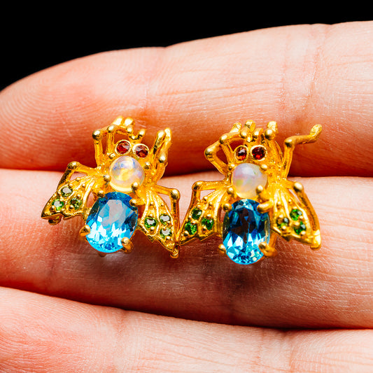 Swiss Blue Topaz, Ethiopian Opal, Rhodolite Garnet, Peridot Bee Earrings 3/4" (.925 Sterling Silver) 24k Gold Plated