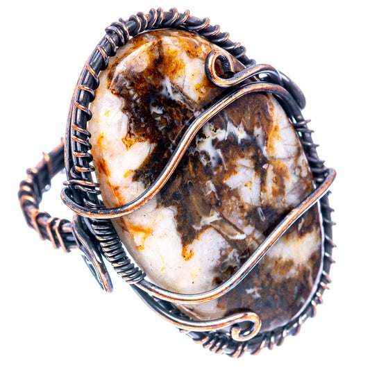 Oxidized copper wire wrap ring with oval banded agate stone, spiked bezel