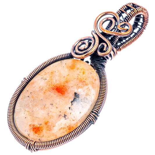 Oxidized copper wire wrap pendant, teardrop stone with spiral copper rings