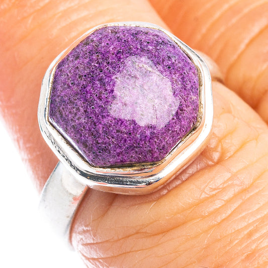 Purple purpurite gemstone silver ring with rounded bezel, polished .925 sterling band