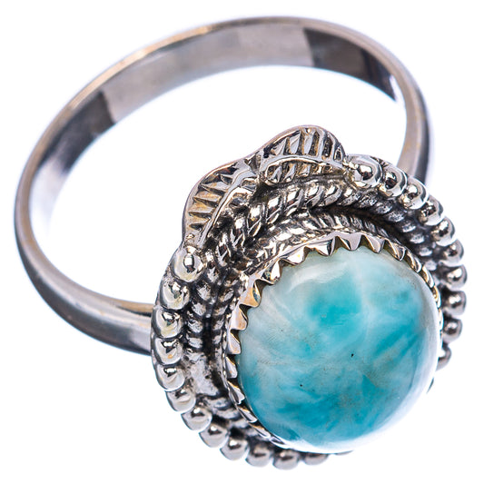 Beaded .925 sterling silver ring with oval larimar cabochon and textured band