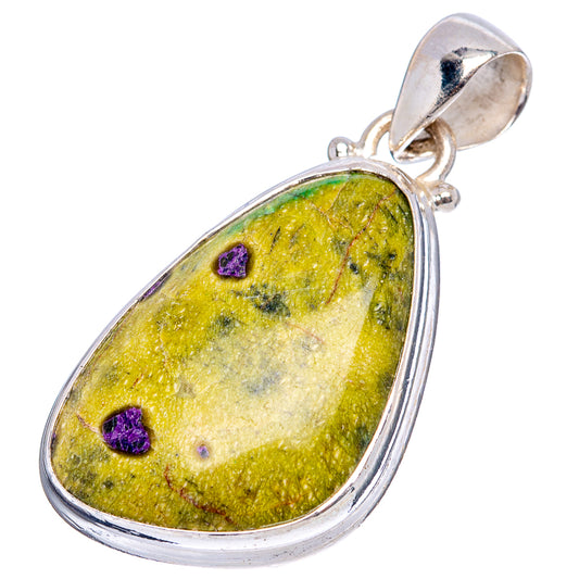 Stichtite .925 sterling silver pendant with pear-shaped green-yellow stone, purple speckles, bail
