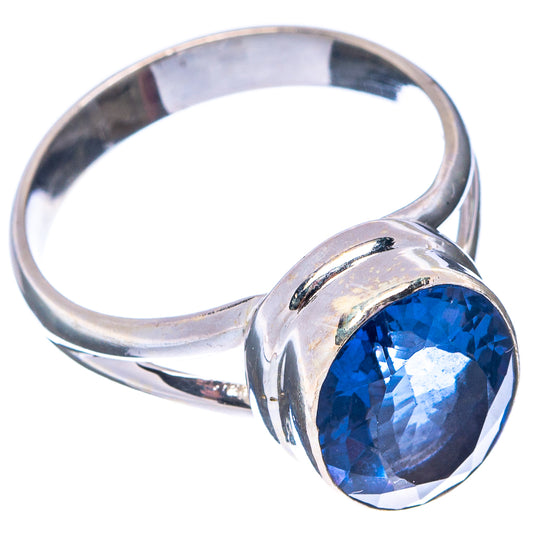 Sterling silver gemstone ring with round faceted blue fluorite and raised bezel