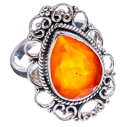 Sterling silver filigree ring with oval orange carnelian gemstone, full view