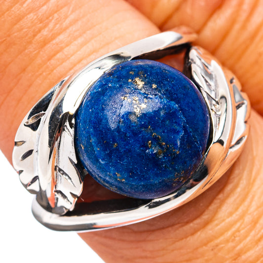Sterling silver ring with round blue lapis lazuli cabochon and ornate bezel