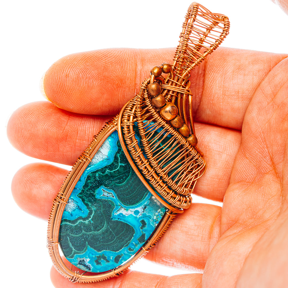 Malachite In Chrysocolla Wire Wrap Pendant 3 1/8" (Copper)
