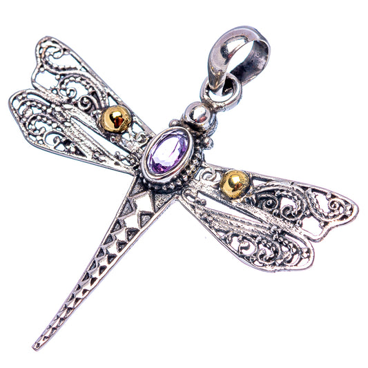 Sterling silver dragonfly pendant with amethyst purple stone and filigree details