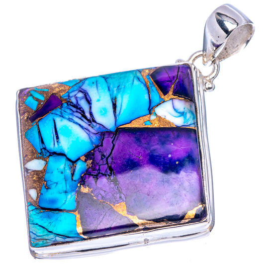 Turquoise and purple mosaic pendant with silver bail, square abstract stone inlay