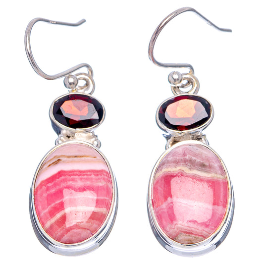 Rhodochrosite and garnet teardrop earrings, .925 sterling silver, fishhook style