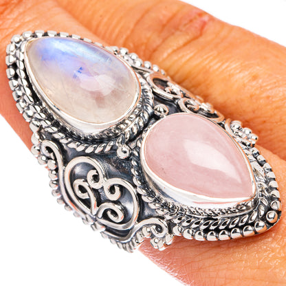 Sterling silver oval moonstone and rose quartz double-stone ring, ornate bead edge