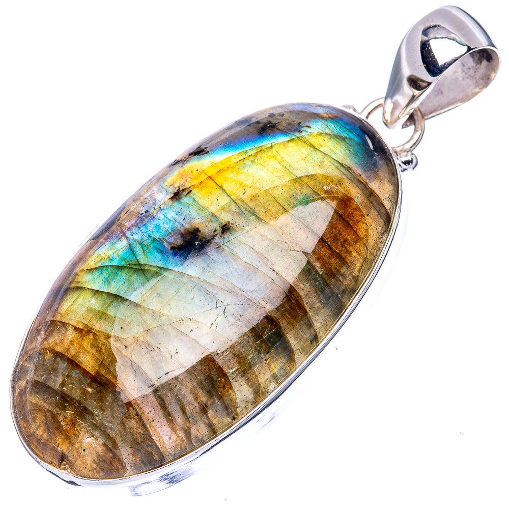 Oval labradorite gemstone pendant in 925 sterling silver bezel, full view with bail