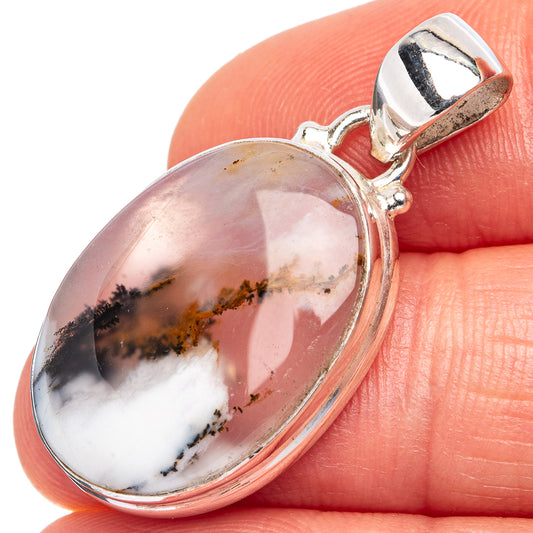 Oval dendritic agate pendant in .925 sterling silver with top bail, pink-and-white