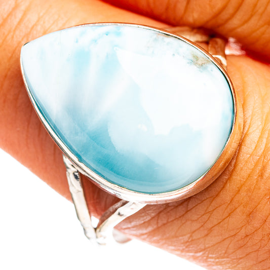Oval larimar cabochon ring in .925 sterling silver, sky-blue stone