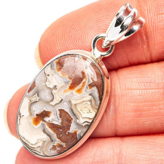 Oval sterling silver agate pendant with lace agate stone in cream, tan, and brown