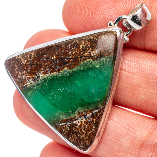 Sterling silver triangle boulder pendant with green chrysoprase gemstone and bail