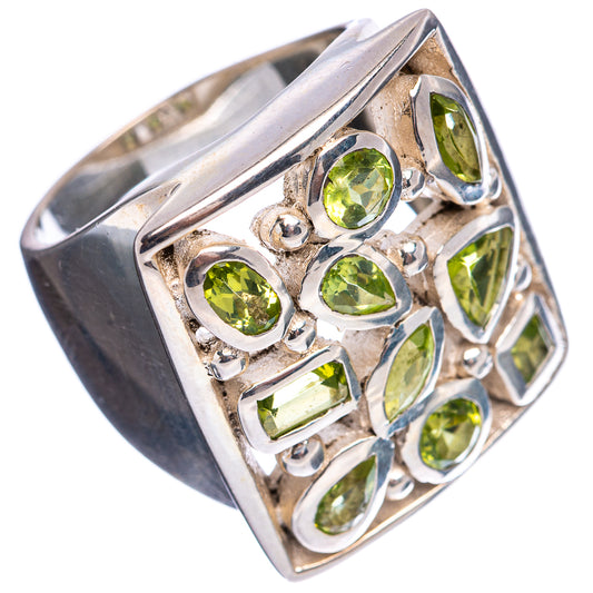 Sterling silver peridot ring with oval and teardrop green gemstones, square setting