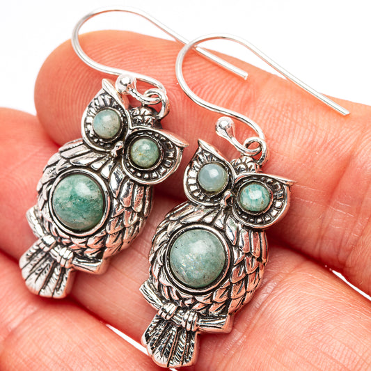 Sterling silver owl earrings with round amazonite cabochons, textured frames