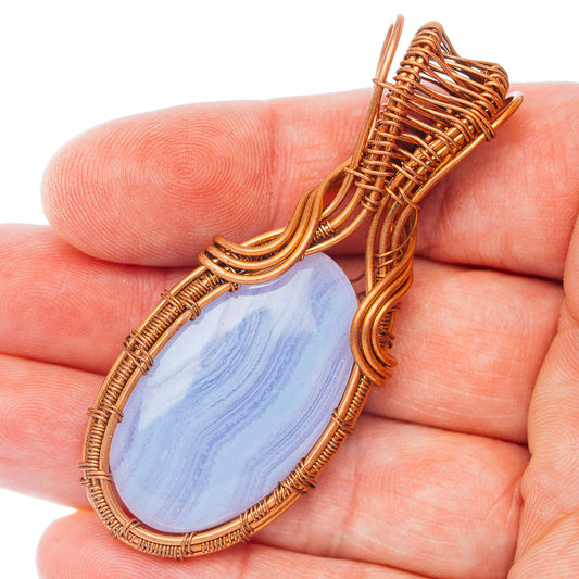 Blue Lace Agate Wire Wrap Pendant 2 1/2" (Copper)