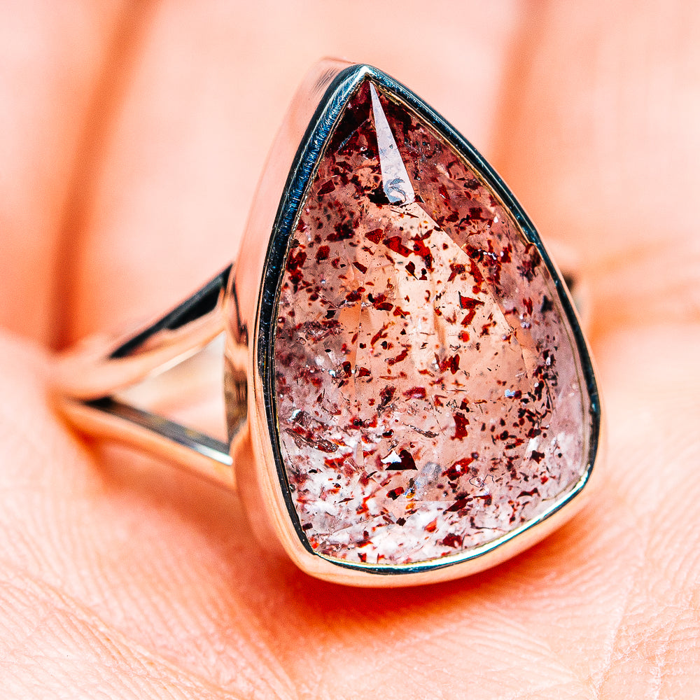 Sterling silver teardrop lepidocrocite ring, marquise cabochon with red sparkle.