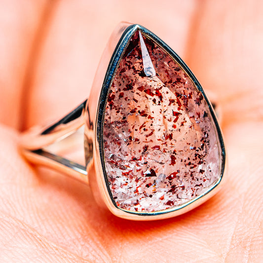 Sterling silver teardrop lepidocrocite ring, marquise cabochon with red sparkle.