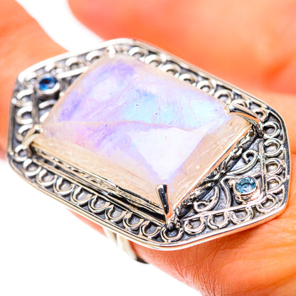 Signature Huge Rainbow Moonstone, Blue Topaz Ring Size 8.25 (925 Sterling Silver) RING138272