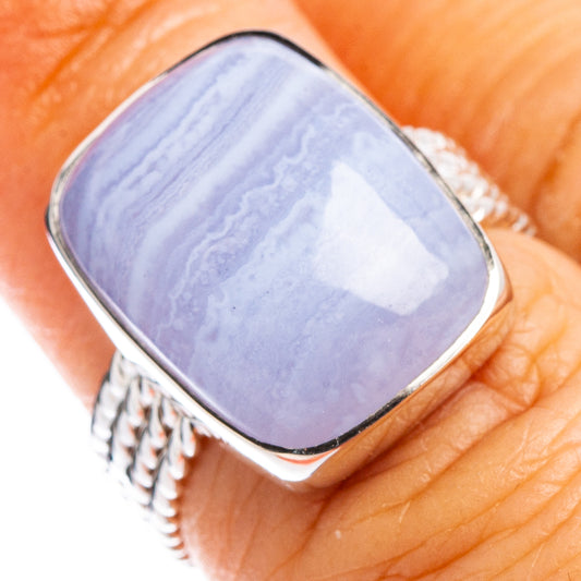 Sterling silver ring with oval blue lace agate cabochon, rope-textured band
