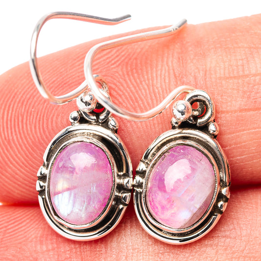 Pink moonstone oval bezel drop earrings, .925 sterling silver fishhook backs