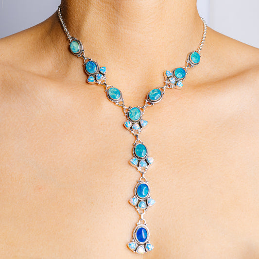 Opal necklace with turquoise oval stones and silver links, Y-style drop